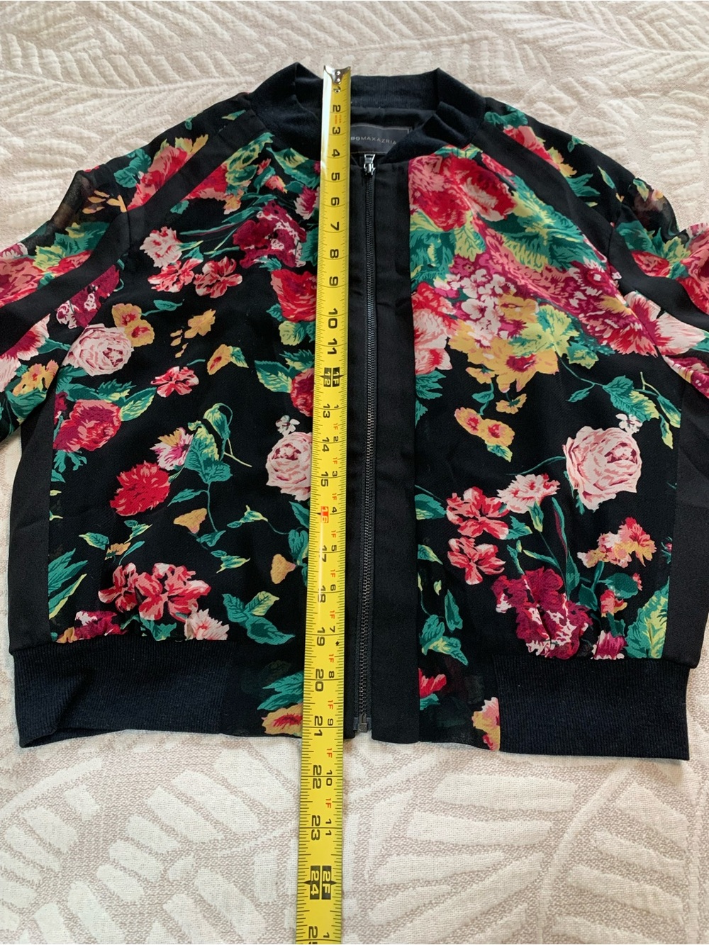 BCBGMaxAzria Black Floral Top / Bomber Jacket with Multicolor Blooms, Small - Picture 4 of 9